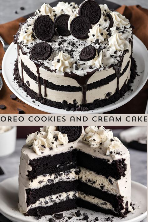 Experience pure indulgence with our Oreo Cookies and Cream Cake! Layers of moist chocolate cake filled with a velvety cookies and cream filling, topped with a decadent Oreo-infused frosting. A heavenly delight for all the cookie lovers out there! 🍫🍰 #OreoCake #CookiesandCream #myskinnyrecipes Cookies And Cream Cake Using Box Cake, Cookies And Cream Cake Filling Recipe, Cookies And Cream Layer Cake, Oreo Cream Filling For Cake, Oreo Filling Frosting, Oreo Cream Cake, Black Oreo Cake, Oreo Cake Designs Birthday, Oreo Filling For Cake