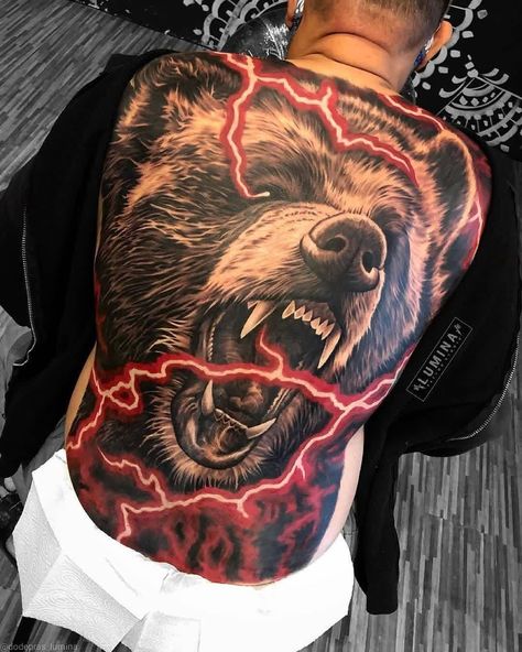 Back Tattoos For Guys Full, Men's Chest Tattoo Ideas, Skull Back Tattoo, Scary Tattoo Ideas, Tattoo Ideas Back, Chest Tattoo Ideas, Cool Back Tattoos, Bear Tattoo Designs, Wolf Tattoo Sleeve