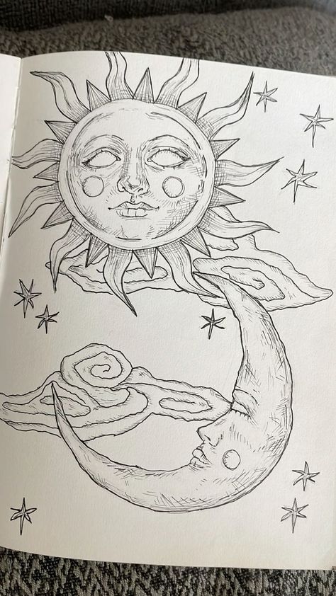 Drawing Ideas Moon And Stars, Moon Art Pencil, Weird Moon Drawing, Easy Beginner Drawing Ideas, Milky Way Drawing Simple, Moon And Sun Sketch, Classic Drawing Sketch, God Drawing Sketch, Sun And Moon Drawing Paintings