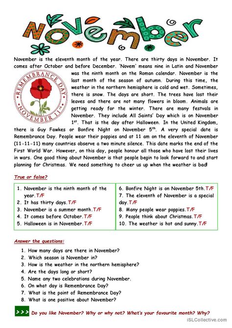 Easy reading: November general gramm…: English ESL worksheets pdf & doc English Articles For Reading, Months In English, Back To School Art Activity, November Reading, English Day, Reading Comprehension For Kids, Esl Reading, Reading Comprehension Lessons, English Exam