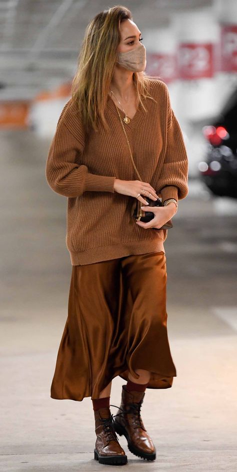 The Look for Less: Jessica Alba's Midi Slip Skirt and Personalized Celine Bag Satin Skirt Knit Sweater, Long Sweater With Skirt, Brown Lace Boots Outfit, Sweater Over Satin Dress, Socks Skirt Outfit, Sweater Outfits 2022, Midi Knit Dress Outfits, Midi Skirt And Sweater Outfit, How To Style Brown Boots