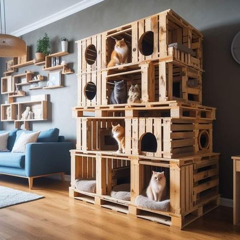 Wood Crate Cat Wall, Cat Building Ideas, Catio Furniture, Aesthetic Cat Tree, Cat Room Diy, Make A Mood Board, Salmon Pate, Cat Room Decor, Cat Furniture Design