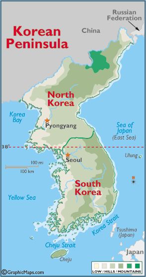 North and South Korea are as different as black and white when economies, living conditions and personal freedoms are compared, but on the Korean Peninsula today there are millions of people still hoping for the eventual reunification of their common culture and extended families.... Asia Geography, Midway Islands, Korea Map, Still Hoping, Economic Problems, Urban Design Concept, Asia Map, Geography Map, Birthday Quotes Funny For Him