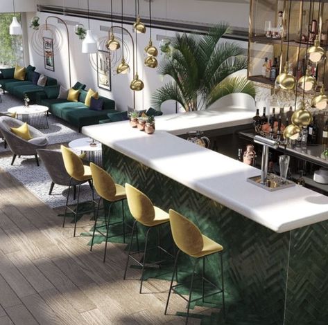 Green Bar Ideas For Home, Gold Accent Chairs, Emerald Green Bar, Farzi Cafe, Minimal Restaurant, Green Bars, Open Kitchen Restaurant, Bert And May, Baby Lounge