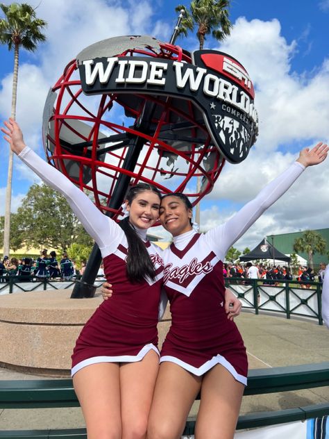 Cheerleading Outfits Dresses, Maroon And White Cheer Uniform, Pe Kit Outfit, Red And Black Cheer Uniforms, Chearleder Outfit Aesthetic, Porristas Aesthetic, Cute Cheer Uniforms, Cute Cheerleader Outfits, Varsity Cheer Uniforms