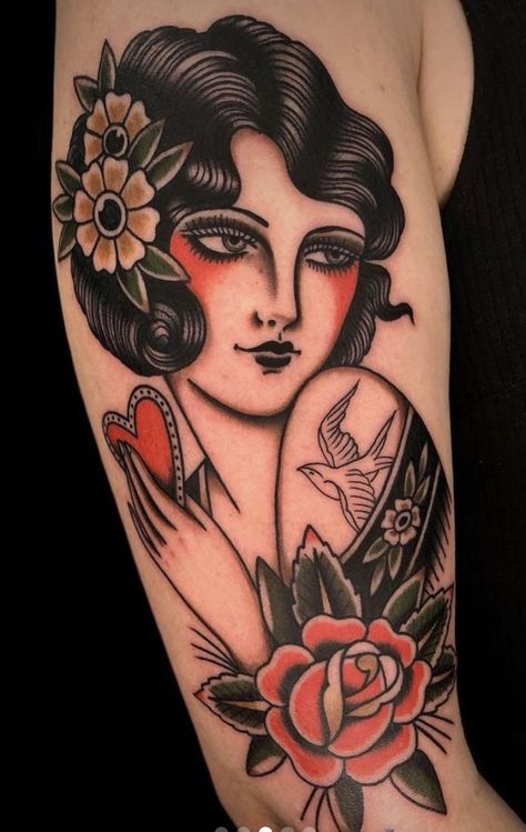 Ladyhead Tattoo Traditional, Traditional Lady Head Tattoo Flash, American Traditional Women Tattoo, American Traditional Girl Tattoo, Traditional Portrait Tattoo, Traditional Girl Tattoo, Traditional Tattoo Face, Traditional Lady Head Tattoo, American Traditional Woman