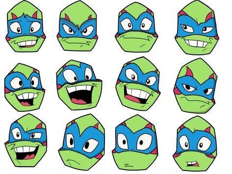 I basically overlined his face expressions to practise drawing him at different angles. Maybe someone will find these useful. I also add one with no colours and with shadows only. Rottmnt Leo Expressions, Rottmnt Leo Reference Sheet, Rottmnt Face Expressions, Rottmnt Facial Expressions, Rottmnt Mouth Reference, Rottmnt Drawing Reference, Rottmnt Expression, Rottmnt Character Design, Rotmnt Leo