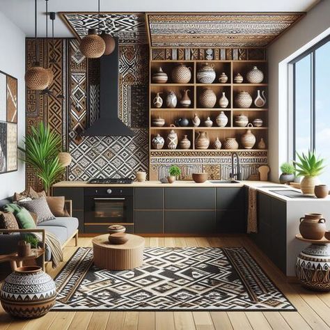 Modern African Kitchen Design, Afro Boho Kitchen, Afro Boho Kitchen Decor, African Boho Kitchen, Safari Interior Design African Style, African Influence Interior Design, African Decor Living Room, Spanish Style Kitchen, Bohemian Decor Inspiration