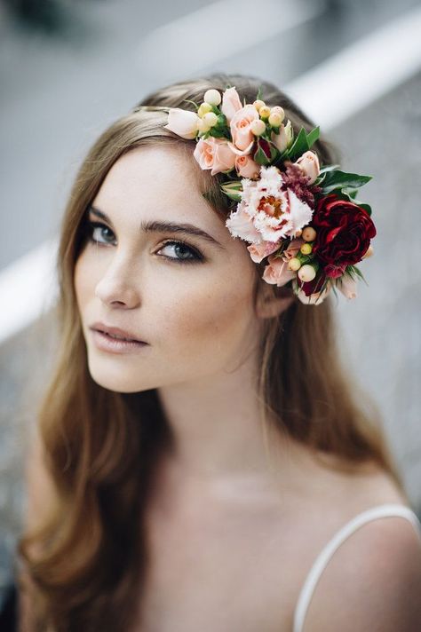 Wedding flower crowns                                                                                                                                                     More Fall Bridal Makeup, Fall Wedding Makeup, Wedding Hairstyles And Makeup, Flowers In Her Hair, Bridal Flower Crown, Fall Wedding Flowers, Flower Crown Wedding, Wedding Hair Flowers, Flower Headpiece