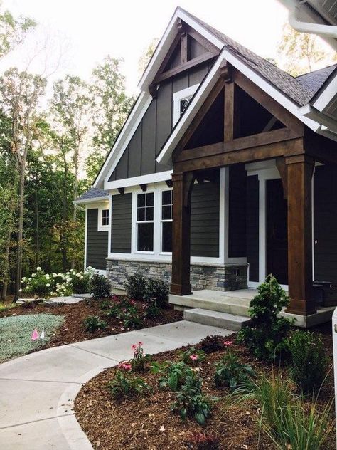 Siding Ideas Exterior Square House, Sherwin William Exteriors, Redoing Outside Of House, Board And Batten Siding Colors Exterior Design, Small Covered Porch Ideas, Rambler House Exterior, Camp Exterior, Exterior Entryway Ideas, Modern House Colors