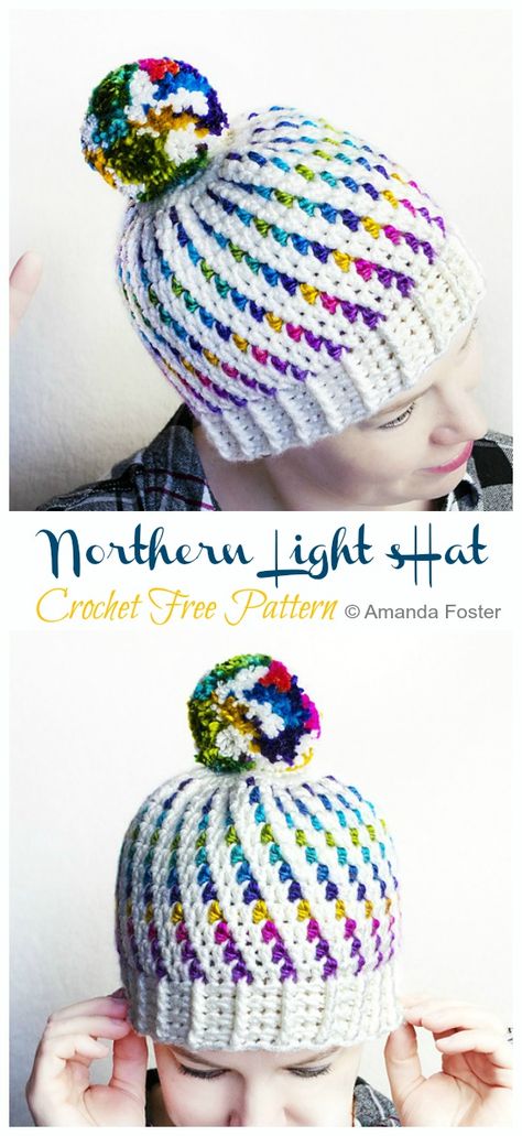 Northern Lights Beanie Hat Crochet Free Pattern - Crochet & Knitting Crochet Hats Free Pattern Spiral, Crochet Spiral Beanie Pattern Free, Beanie Hat Crochet, Beanie Pattern Free, Crochet Beanie Pattern Free, Crochet Christmas Hats, Crochet Poppy, Spiral Crochet, Crochet Free Patterns