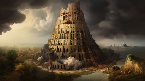 Babel Tower, Tower Aesthetic, The Tower Of Babel, Aesthetic Header, Tower Of Babel, The Tower, Art References, Sci Fi Art, Fig