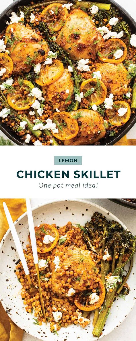 This Lemon Chicken Skillet is seasoned with delicious spices, seared and then cooked with couscous and broccolini for a flavorful one-pot meal. One Pan Lemon Chicken, Pan Lemon Chicken, Lemon Chicken Marinade, Cleansing Recipes, Easy Chicken Dinner, Marinated Chicken Thighs, Chicken Skillet, Fit Foodie, Clean Eating Dinner