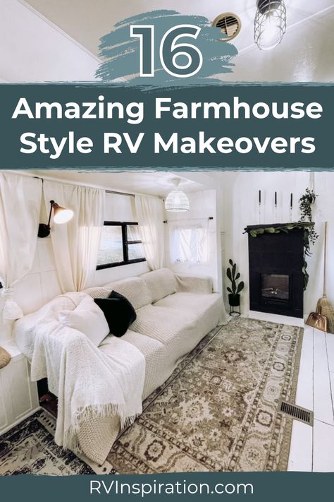 Let these gorgeous farmhouse-style RVs inspire you to channel your inner Joanna Gaines! In this article, you'll see photos of 16 cute RVs decorated with rustic, Farmhouse-style decor, including fresh paint or wallpaper, cute curtains, and cozy personal touches. Along the way, we'll point out the details and products these RV owners used to achieve their look to show you how easy it would be to recreate the same look in your own RV! #farmhousedecor #RVrenovation #RVremodel #RVmakeover Camper Ceiling, Fun Backsplash, Rv Models, Renovated Farmhouse, Rv Inspiration, Dining Booth, Built In Dresser, Gorgeous Farmhouse, New Floors