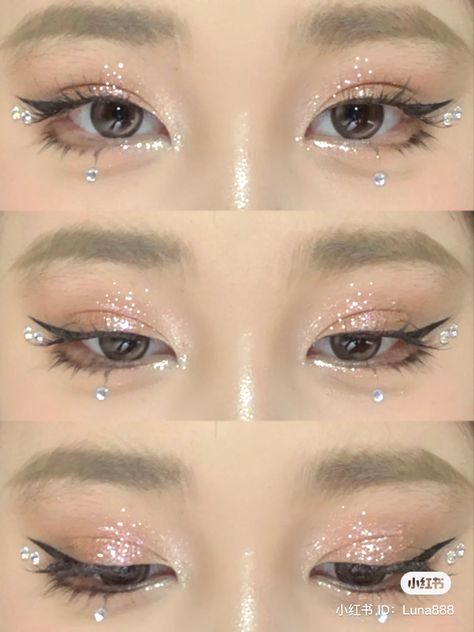 Prom Makeup With Rhinestones, Makeup With Gems Rhinestones, Rising Pisces, Jewel Makeup, Gem Makeup, Makeup Douyin, Concert Makeup, Crystal Makeup, Rhinestone Makeup