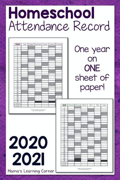 Homeschool Attendance Record 2020-2021 - Mamas Learning Corner Homeschool Attendance, Attendance Tracker, Learning Corner, Attendance Sheet, Homeschool Planner, Homeschool Planning, Free Homeschool, Homeschool Mom, Homeschool Curriculum