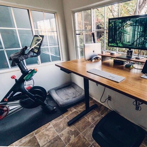 Working from home is now a versatile term. Photo via @nkadlac. #onepeloton Work From Home Office And Gym, Peloton Office, Home Office And Gym Combo, Bedroom Gym Ideas, Office Gym Combo, Peloton Room, Home Office And Gym, Exercise Rooms, Studio Gym