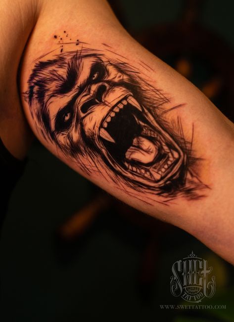 This design symbolizes masculinity, strength, and leadership. The bold gorilla motif stands out with its intricate details, capturing attention with its muscular build and intense gaze. Our studio offers a unique gorilla arm tattoo for men looking to make a powerful statement and showcase their individuality. Visit us to explore this design and stand out. Gorilla tattoo sketched jerky style animal manly idea Mens Animal Tattoo Sleeve, Sketch Style Tattoos Men, Silver Back Gorilla Tattoo Design, Gorila Tattoos, Gorilla Back Tattoo, Power Tattoo For Men, Animal Tattoos Men, Gorilla Face Tattoo, Unique Men Tattoos