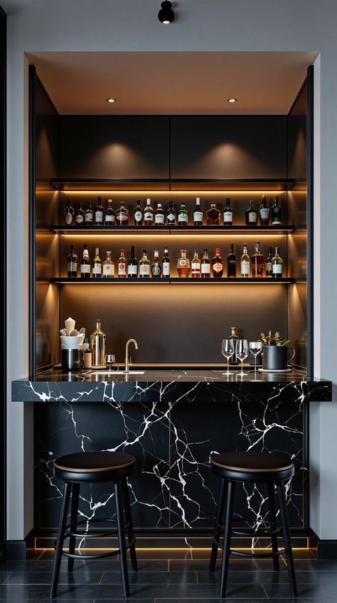 Dark Aesthetic Decor Luxury Mini Bar At Home, Dark Aesthetic Living Room, Moody Bar Design, Bar Area In Home, Luxury Home Bar, Aesthetic Decor Ideas, Modern Home Bar Designs, Bar Decor Ideas, Dark Drapes