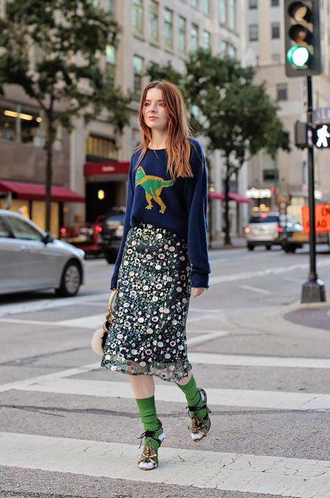 Walk the Dinosaur - Sea of Shoes #fashion #shoes #heels #sweater #skirt #streetstyle #fall Style Language, Jane Aldridge, Dinosaur Sweater, Blue Outfits, Inexpensive Clothes, My Obsession, Street Smart, Fall Winter Wardrobe, My Living Room