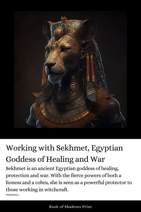 Sekhmet is an ancient Egyptian goddess of healing, protection and war. With the fierce powers of both a lioness and a cobra, she is seen as a powerful protector to those working in witchcraft. read more... Sekhmet Goddess Art Egyptian Mythology, Sekhmet Art, Sekhmet Goddess, Goddess Of Healing, Cat God, Goddess Sekhmet, Ancient Egyptian Goddess, God's Blessings, Divine Feminine Spirituality