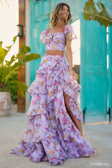 Sherri Hill Prom, Sherri Hill Prom Dresses, Tiered Ruffle Skirt, Designer Bridal Gowns, Floral Print Chiffon, Floral Gown, Prom Designs, Sherri Hill Dresses, Chiffon Gown