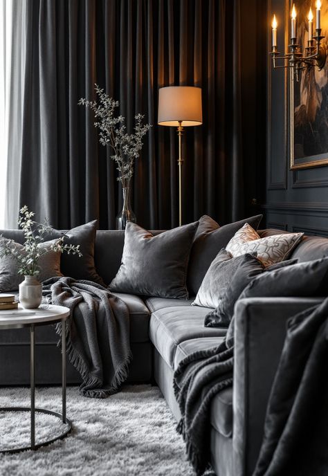 Dark Grey Couch Living Room Ideas Cosy Living Room Dark Grey Sofa, Grey Velvet Couch Living Room, Charcoal Gray Couch Living Room, Dark Grey Sofa Styling, Grey Couches Living Room Decor, Dark Gray Couch Living Room Ideas, Dark Neutral Living Room, Cinema Basement, Charcoal Couch Living Room