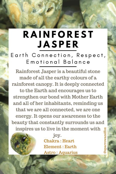 Rainforest Jasper Meaning, Rainforest Jasper Crystal Meaning, Green Jasper Meaning, Mindful Crafts, Crystal Book, Crystal Magick, Jasper Meaning, Crystal Witch, Rainforest Jasper