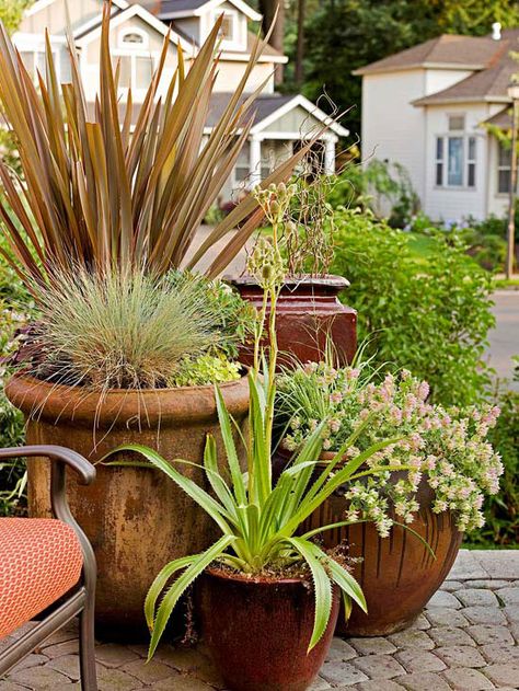 Add eye-catching color to your entryway with containers of flowers. More ways to enhance your front entry: http://www.bhg.com/home-improvement/exteriors/curb-appeal/enhance-front-entry/?socsrc=bhgpin081613containerflowers=11 Landscaping Entrance, Entry Ideas, Front Landscaping, Outdoor Decorating, Outdoor Pots, Landscaping Tips, Decoration Inspiration, Front Entry, Better Homes And Gardens