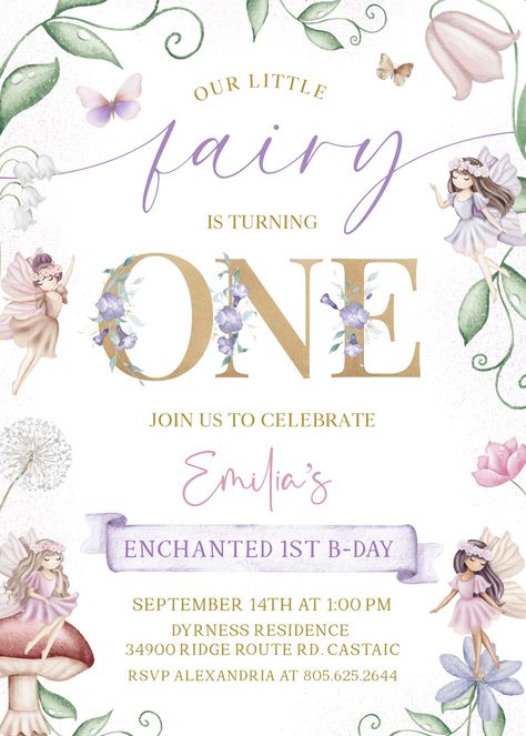 Fairy 1st Birthday Party Ideas, Fairy Party Invitations, Fairy Birthday Themes, Disney Birthday Card, Enchanted Forest Birthday Party, Fairy Invitations, Forest Birthday Party, Flower Birthday Party, Fairy Garden Birthday Party