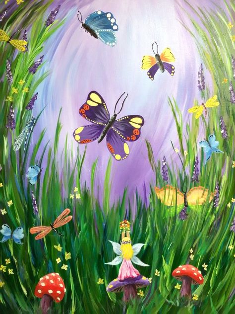 Fairy Garden Painting, Dark Green Painting, Painted Window Panes, Floral Murals, Fairy Scene, Fairy Painting, Butterflies And Dragonflies, Irish Fairy, Fairy Bedroom