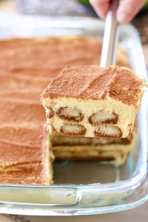 This Easy and Authentic Tiramisu Recipe takes less than 30 minutes to make and requires no cooking or whipping cream. It is possibly the best and easiest dessert we have ever made! #tiramisu #dessertforacrowd #easynobakedessert #authentictiramisu #tiramisunowhipcream Pineapple Marmalade, Crowd Appetizers, Tiramisu Easy, Authentic Tiramisu Recipe, Authentic Tiramisu, Quiche Bites, Feta Sauce, Blueberry Pie Bars, Easy Blueberry Pie