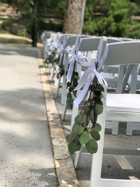 Silver dollar eucalyptus wedding pew markers Greenery Pew Markers, Isle Pew Decorations Wedding, Eucalyptus Aisle Markers, Eucalyptus Chair Decor, Eucalyptus Pew Ends, Eucalyptus Aisle Decor, Pew Markers For Wedding, Silver Dollar Eucalyptus Wedding, Wedding Pew Markers