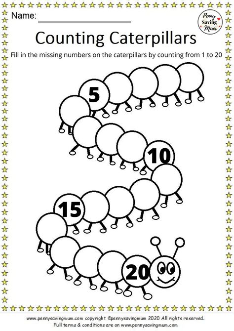 Caterpillar Counting, Counting Caterpillar, Preschool Counting Worksheets, Fun Math Worksheets, Counting To 20, Preschool Counting, Counting Worksheets, Preschool Math Worksheets, Kids Worksheets Preschool