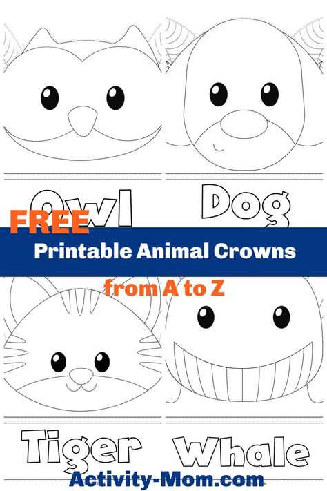 FREE printable animal crowns. 26 animals from A to Z. One animal crown for each letter of the alphabet. Great for parties, class plays, and for a simple craft. Animal Crowns Printable Free, Farm Animal Headbands Printable Free, Animal Headband Craft, Animal Day At School, Forest Animals Preschool, Animal Party Hats, Animal Headbands, Zoo Animal Crafts, Animals Activities