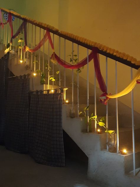 Diwali Staircase Decor, Diwali Stairs Decoration, Diwali Lighting, Bollywood Night, Roof Decoration, Diwali Decorations At Home, Diwali Lights, Diy Diwali Decorations, Diwali Decor