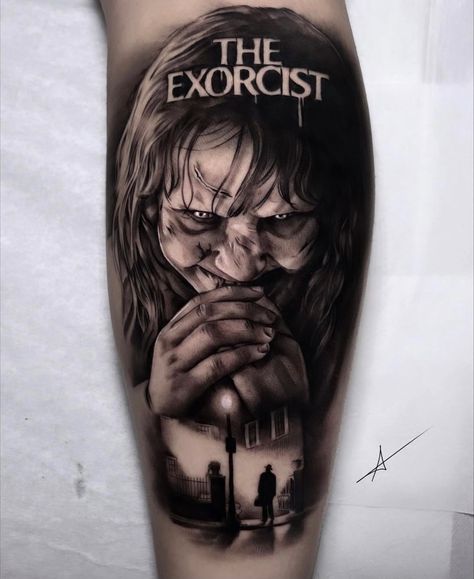 Exorcist Tattoo Design, The Exorcist Tattoo Design, Candy Man Tattoo, The Exorcist Tattoo, Annabelle Tattoo, The Exorcist Regan Tattoo, Paul Booth Tattoos, Horror Movie Tattoos Sleeve, Men Horror Tattoo