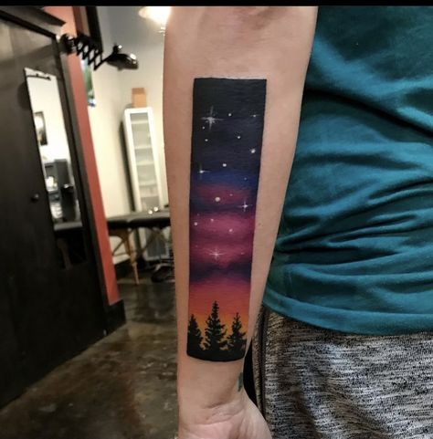 Rectangle Tattoo, Night Sky Tattoos, Nashville Tattoo, Trees Tattoo, Sky Tattoos, 13 Tattoo, Sunset Trees, Sunset Tattoos, Framed Tattoo