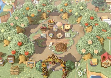 Orchard Acnh Ideas, Animal Crossing Big Area Ideas, Acnh Small Orchard, Potager Animal Crossing New Horizon, Animal Crossing Orchard Ideas, Acnh Fruit Tree Layout, Orchard Animal Crossing, Animal Crossing Orchard, Acnh Orchard Ideas