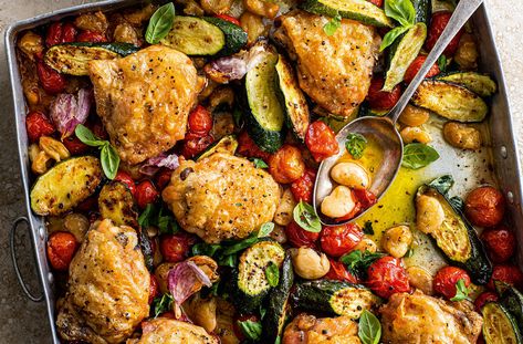 Chicken, Butter Bean & Summer Vegetable Traybake Recipe | Waitrose & Partners Traybake Dinner, Chicken Traybake, Summer Chicken, Chicken Tikka Masala Recipes, Tray Bake Recipes, Chicken Tikka Masala, Butter Beans, Summer Vegetable, Super Saver