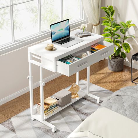 Adjustable Side Table Portable Desk with Drawers and Wheels for Home Office - On Sale - Bed Bath & Beyond - 39594084 Couch Desk, Small Standing Desk, Adjustable Side Table, Laptop Desk Stand, Height Adjustable Desk, Portable Desk, Side Table With Drawer, Couch Table, Adjustable Standing Desk