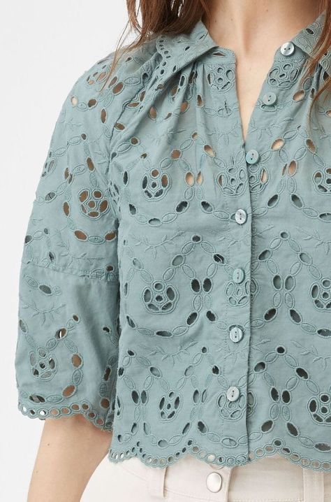 Schiffli Top Outfit, Schiffli Tops, Eyelet Top Outfit, Blouse Outfit Ideas, Silk Blouse Outfit, Cotton Tops Designs, Eyelet Blouse, Fashion Tops Blouse, Summer Outfit Ideas