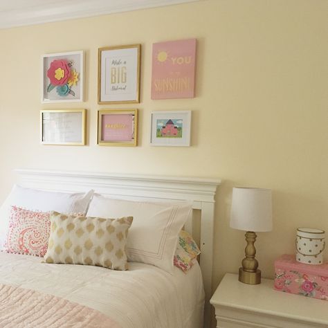 Yellow and Pink little girl's bedroom. Yellow Girl Bedroom, Pale Yellow Bedroom Ideas, Yellow Kids Room Girl, Girls Yellow Bedroom Ideas, Light Yellow Bedroom Walls, Yellow Toddler Room Girl, Pastel Yellow Walls, Pale Yellow Bedroom, Pink And Yellow Bedroom Ideas