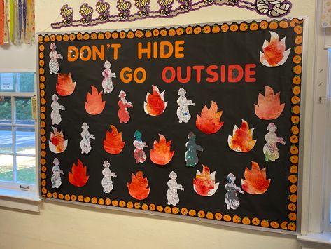 Fingerpaint yellow + red make orange, then cut into fire. Markers practice firefighters. Fire Safety Bulletin Board, Safety Bulletin Board, Community Helpers Preschool, Community Helpers, Finger Painting, Fire Safety, Go Outside, Bulletin Board, Firefighter