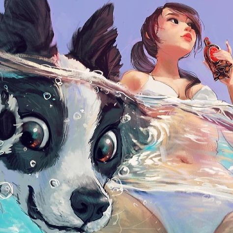 kat on Instagram: "Had this perspective idea in my head but couldn’t find any references similar to my idea so I had to use my imagination. The girl’s upper body is supposed to be above water. 😆 . . . . . #perspective #water #ocean #waterpainting #speedpaint #painting #dog #bordercollie #canine #stylizedart #artistsofinstagram #digitalart #digitalpainting #quickart #illustration #underwater" Upper Perspective Reference, Head Under Water Drawing, Perspective From Above Reference, Illustration Underwater, Water Drawing, Water Ocean, My Idea, My Imagination, Speed Paint