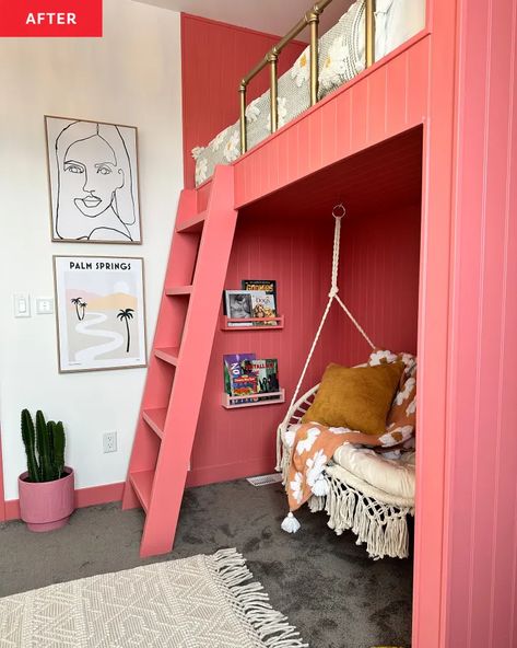 Girls House Loft Bed, Loft Bed Nook Ideas, Loft Bed Vaulted Ceiling, Kids Bedroom Sloped Ceiling, Adult Loft Bed With Closet, Loft Bed Styling, High Loft Bed Ideas, Loft Bed Ladder Ideas, Kids Room With Loft Bed