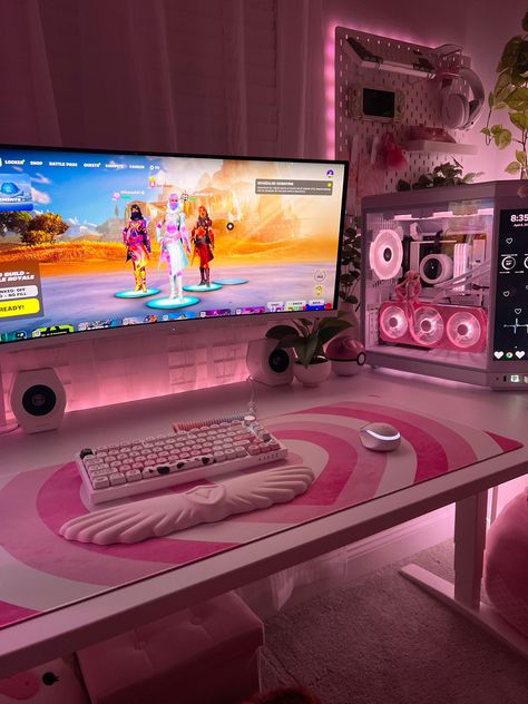 Gaming Vision Board, Vanity And Gaming Setup, Ps5 Set Up, Cozy Gamer Girl Aesthetic, Streamer Room Ideas, Girly Pc Setup, Girl Gamer Aesthetic, Clean Gaming Setup, Pc Gamer Aesthetic