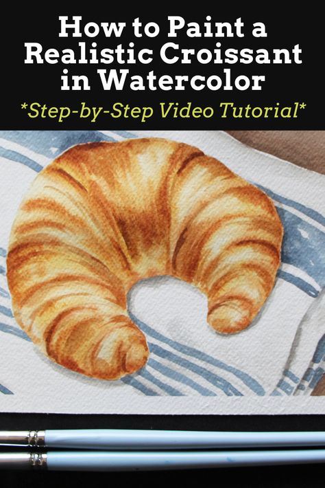 How To Draw A Croissant Step By Step, Bread Watercolor Painting, Croissant Watercolor, Watercolor Bread, Watercolor Tutorial For Beginners, Watercolour Food, Beginner Drawing Lessons, Food Art Painting, Realistic Watercolor