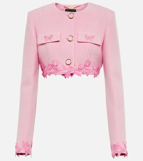 Blumarine - Cropped wool jacket | Mytheresa Feminine Jacket, Butterfly Applique, Embroidered Wool, Cropped Blazer, Pink Jacket, Feminine Design, Cropped Jacket, Crop Jacket, Wool Jacket