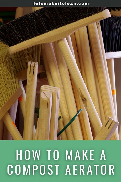 Using a broom handle: Instead of using a fork to turn the compost, you can make a turner to help you turn the pile. First, cut the broom handle into two pieces, each measuring 5 inches. Then, drill holes in each handles that can fit a tomato stake at the center. Insert the tomato stake at the center of the first piece of wood and bend it to an L-shape. Insert the second piece and also bend it. Secure the last wood using a nut at the top of the stake. Compost Aerator, Compost Turner, Tomato Stakes, Diy Compost, Broom Handle, A Broom, L Shape, Two Pieces, Bend